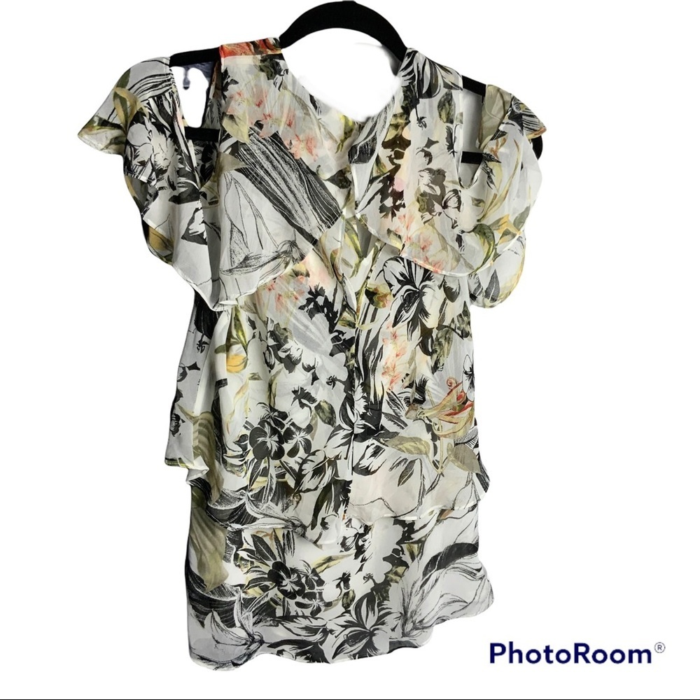 White House Black Market Lined Floral Peek Shoulder Draped Ruffles Blouse Sm